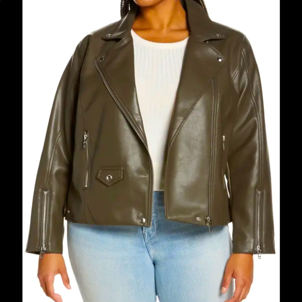 NWT - Blank NYC Vegan Leather Moto Jacket in Secret Meadow Olive Green - Plus 2X